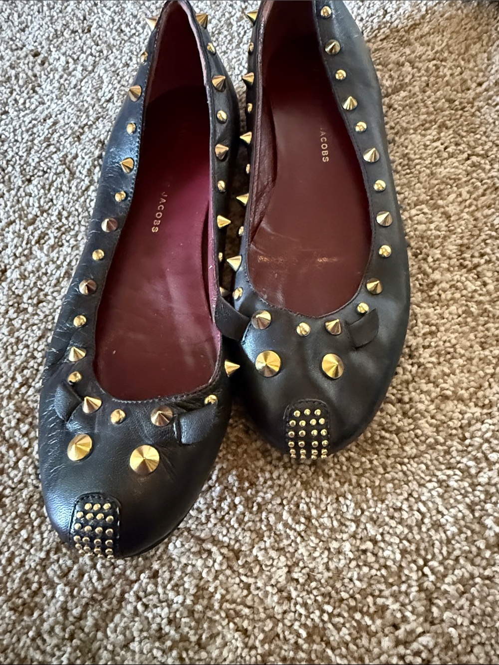 Marc Jacobs Black Leather Studded Ballet Flats with Gold Accents